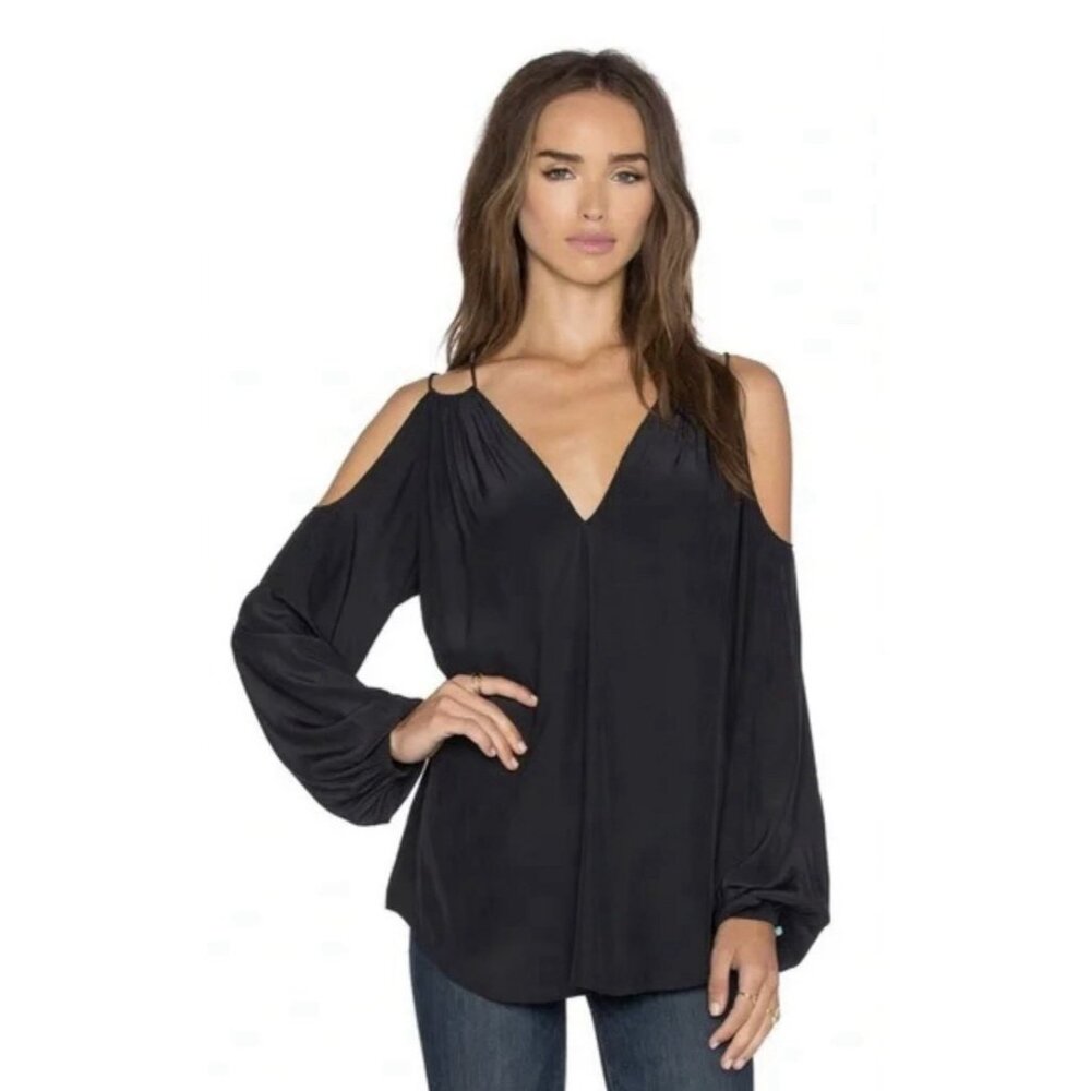 Ramy Brook Gigi Cold Shoulder Black Silk Top Size Large V Neck Long Sleeve